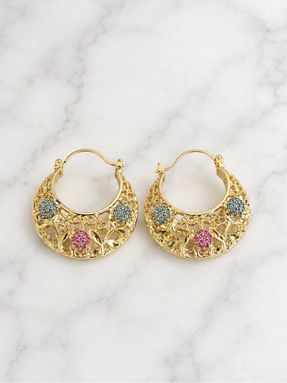Floral Hoop Earrings with Pink and Blue Accents -Gold Tone Hardware